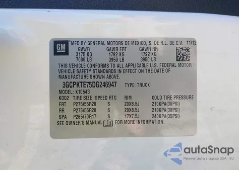 2013 Chevrolet Silverado 1500 Ltz z USA, uszkodzony, nr VIN 3GCPKTE75DG246947